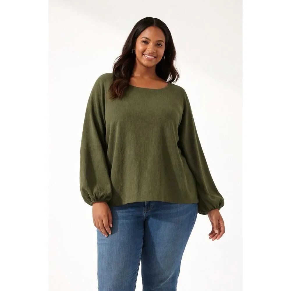 Madewell NWT Olive Green Textured Blouse 3X Balloon Sleeve Minimalist Chic